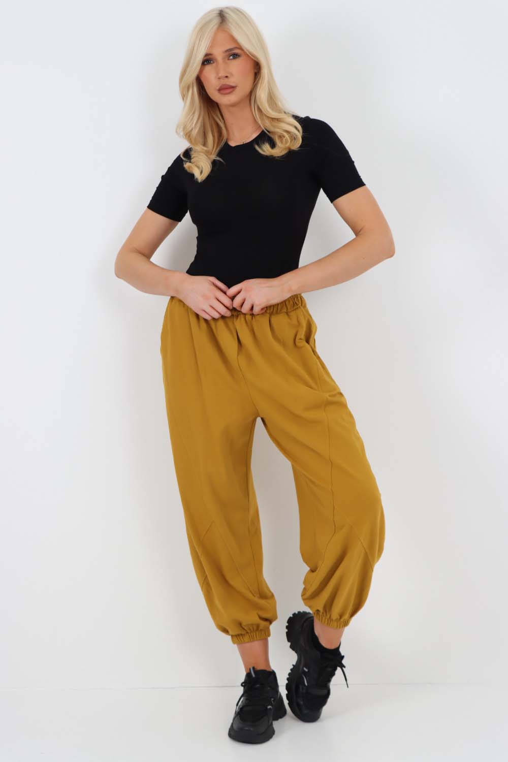 Italian Ruched Hem Cotton Trousers With Side Pockets