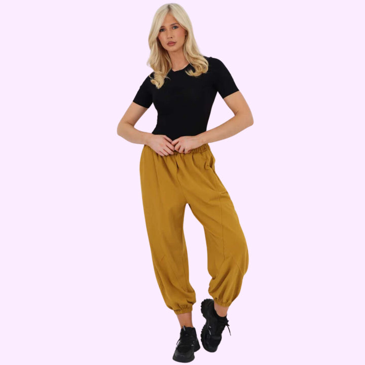 Italian Ruched Hem Cotton Trousers With Side Pockets