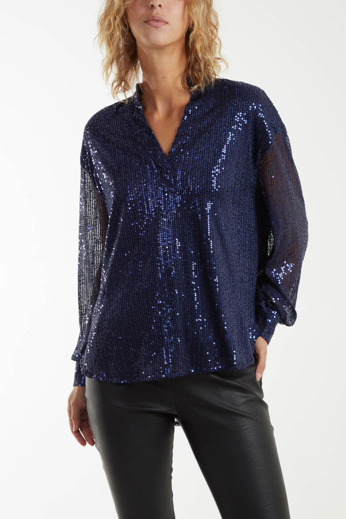 Open Collar Sequin Shirt