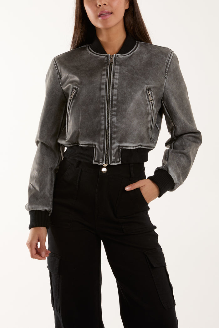 PU Cropped Zip Bomber Jacket