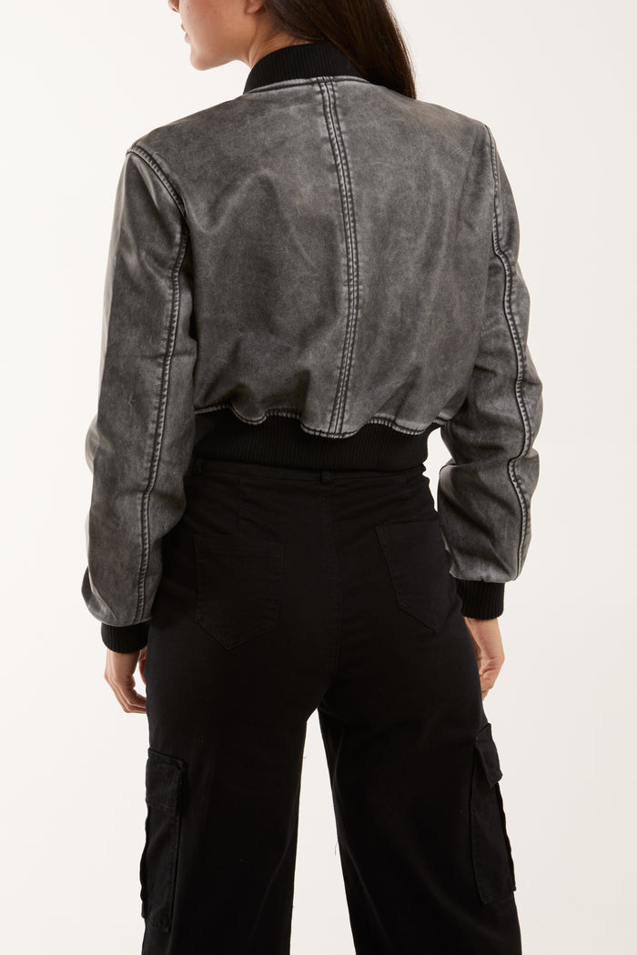 PU Cropped Zip Bomber Jacket