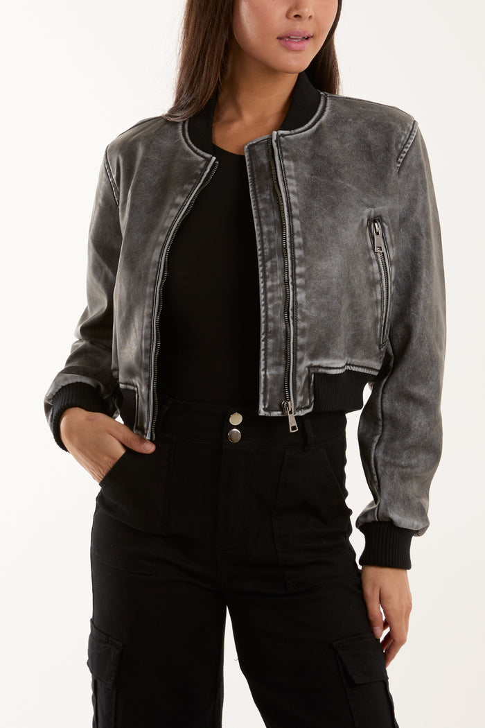 PU Cropped Zip Bomber Jacket