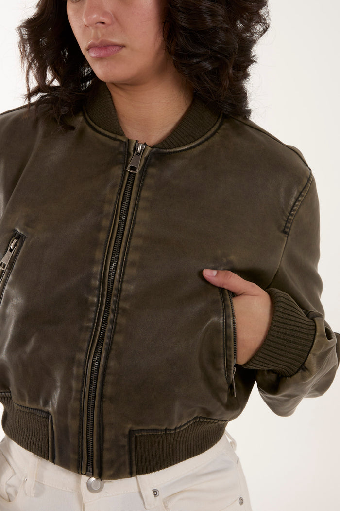 PU Cropped Zip Bomber Jacket