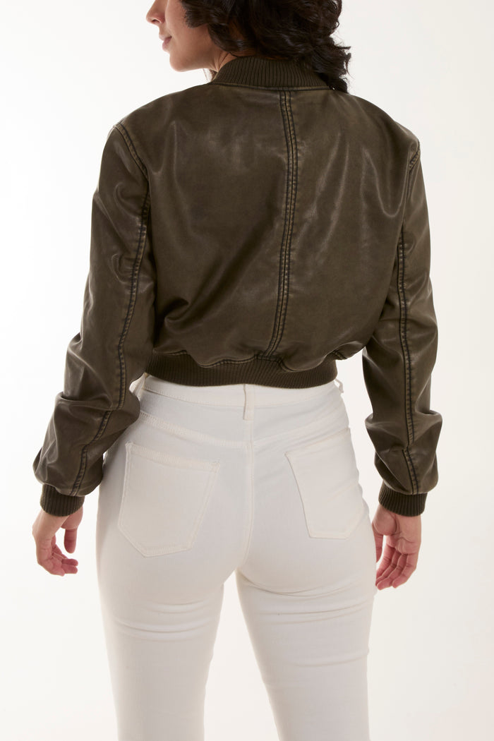 PU Cropped Zip Bomber Jacket