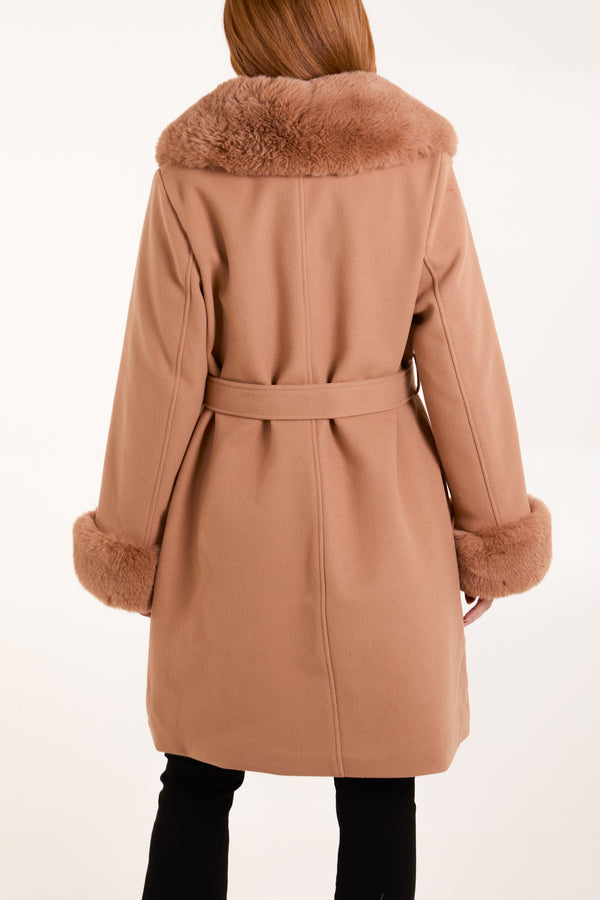 Fur Collar & Cuffs Belted Coat