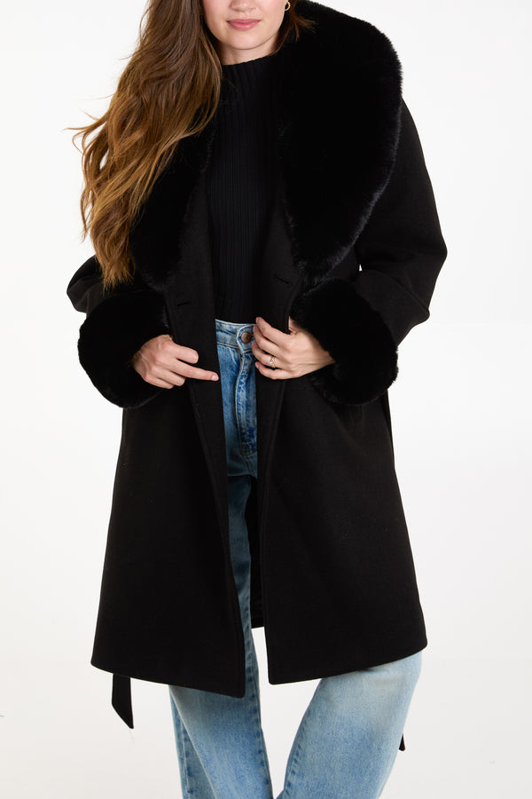 Fur Collar & Cuffs Belted Coat