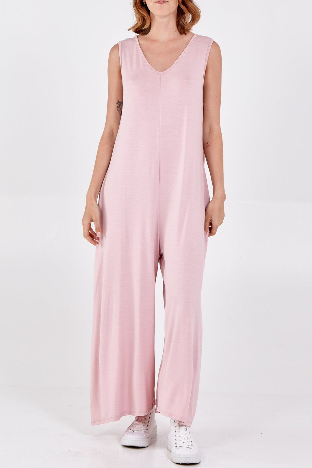 Sleeveless Plain V-Neck Jumpsuit