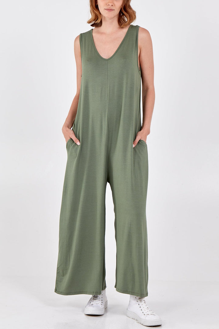 Sleeveless Plain V-Neck Jumpsuit