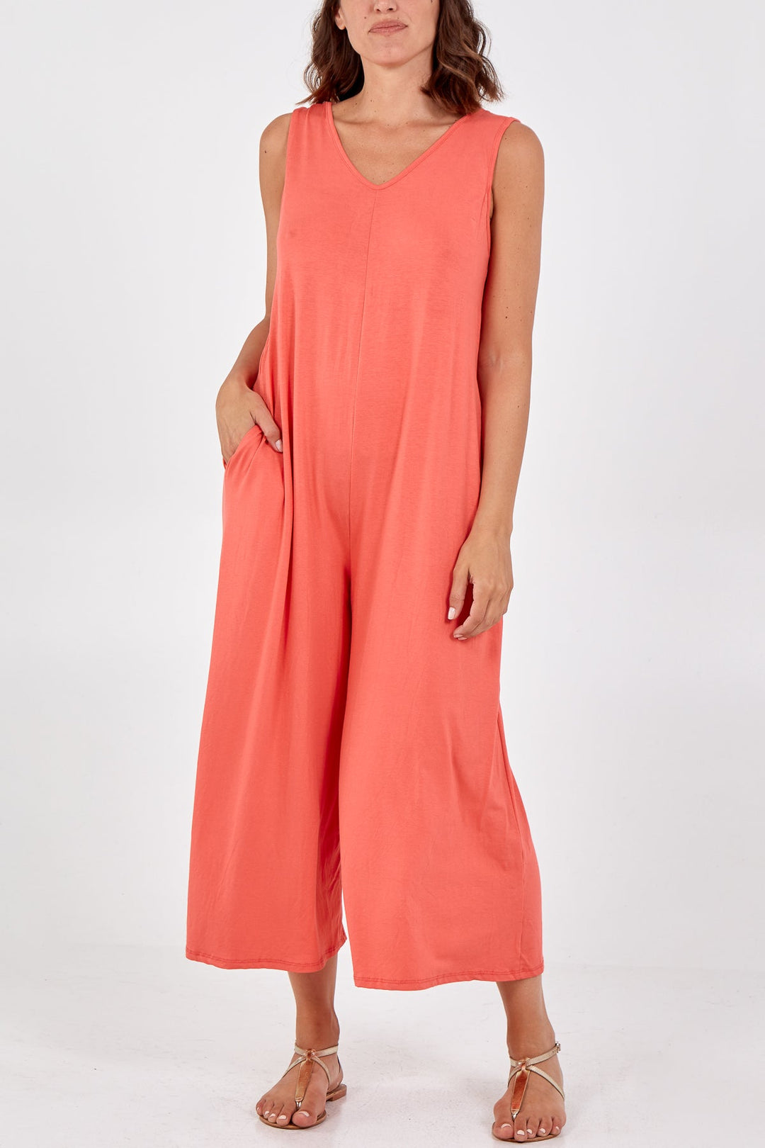 Sleeveless Plain V-Neck Jumpsuit