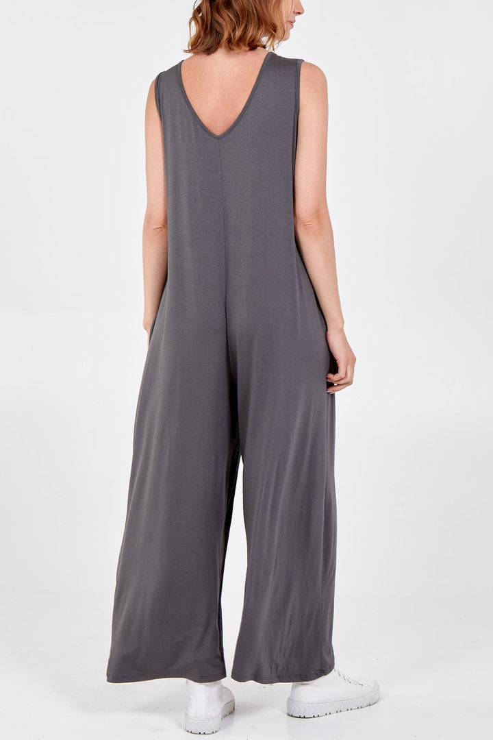 Sleeveless Plain V-Neck Jumpsuit