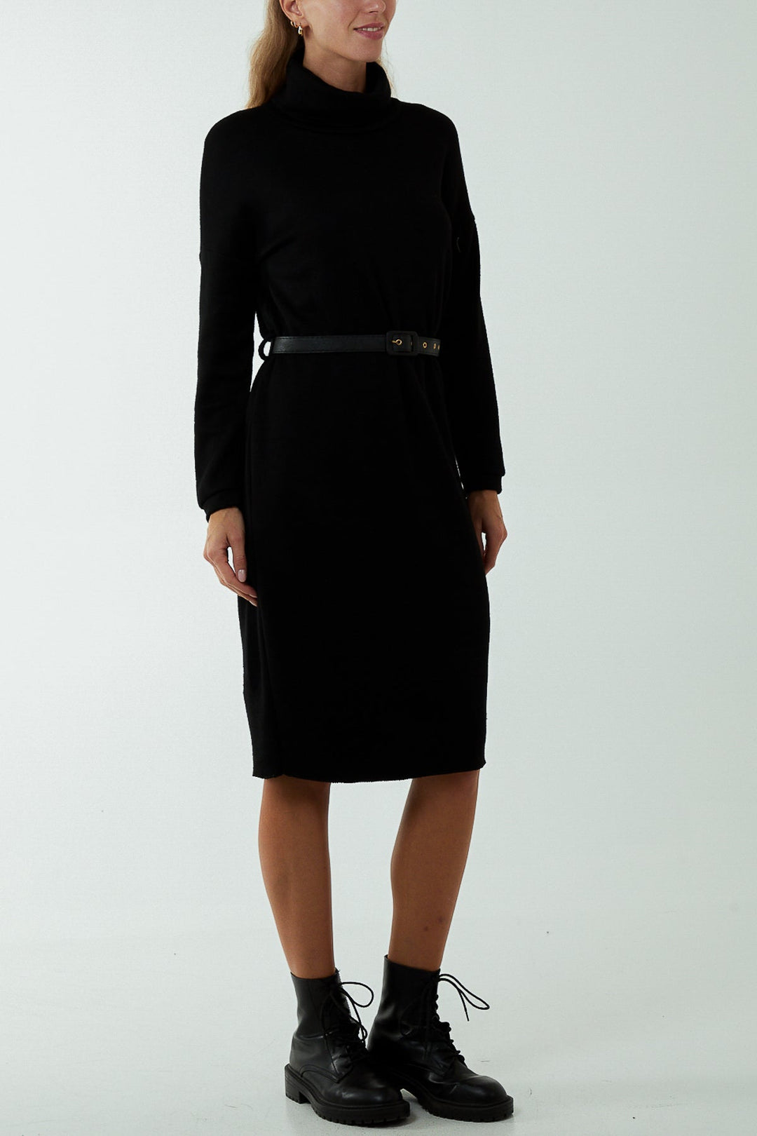 Roll Neck Belted Knitted Midi Dress