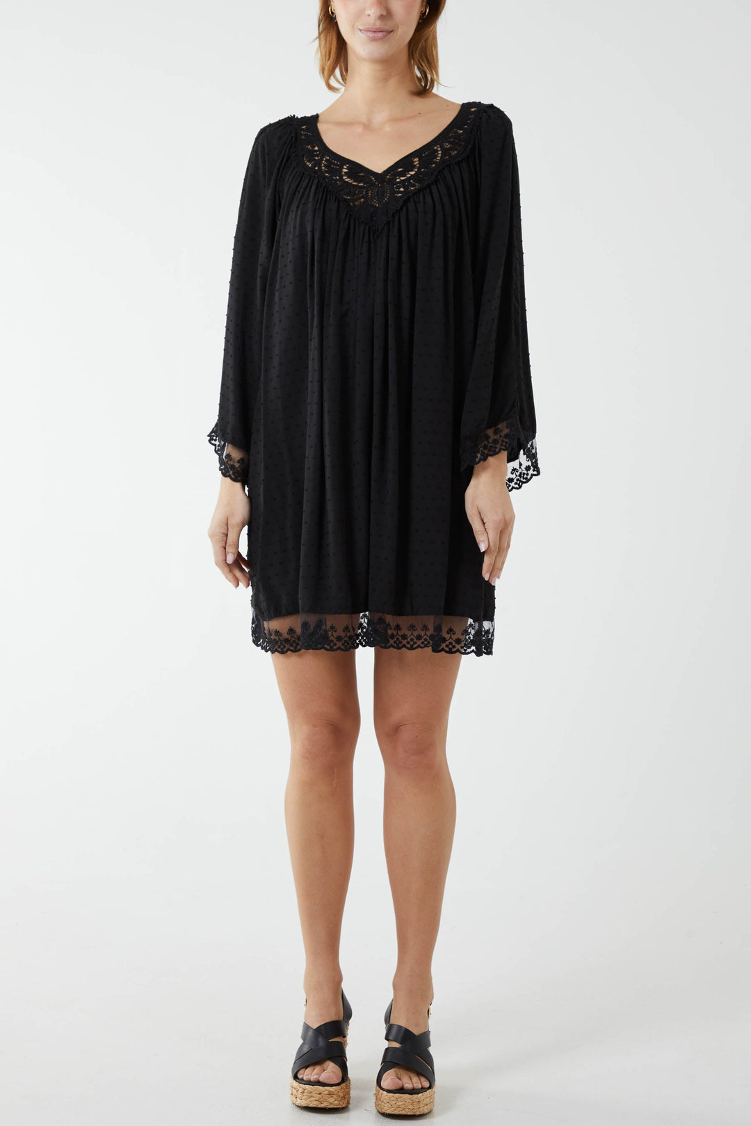 Lace Hem Broderie Collar Mini Dress