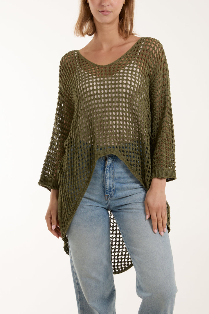 Crochet Dipped Hem 3/4 Sleeve Top