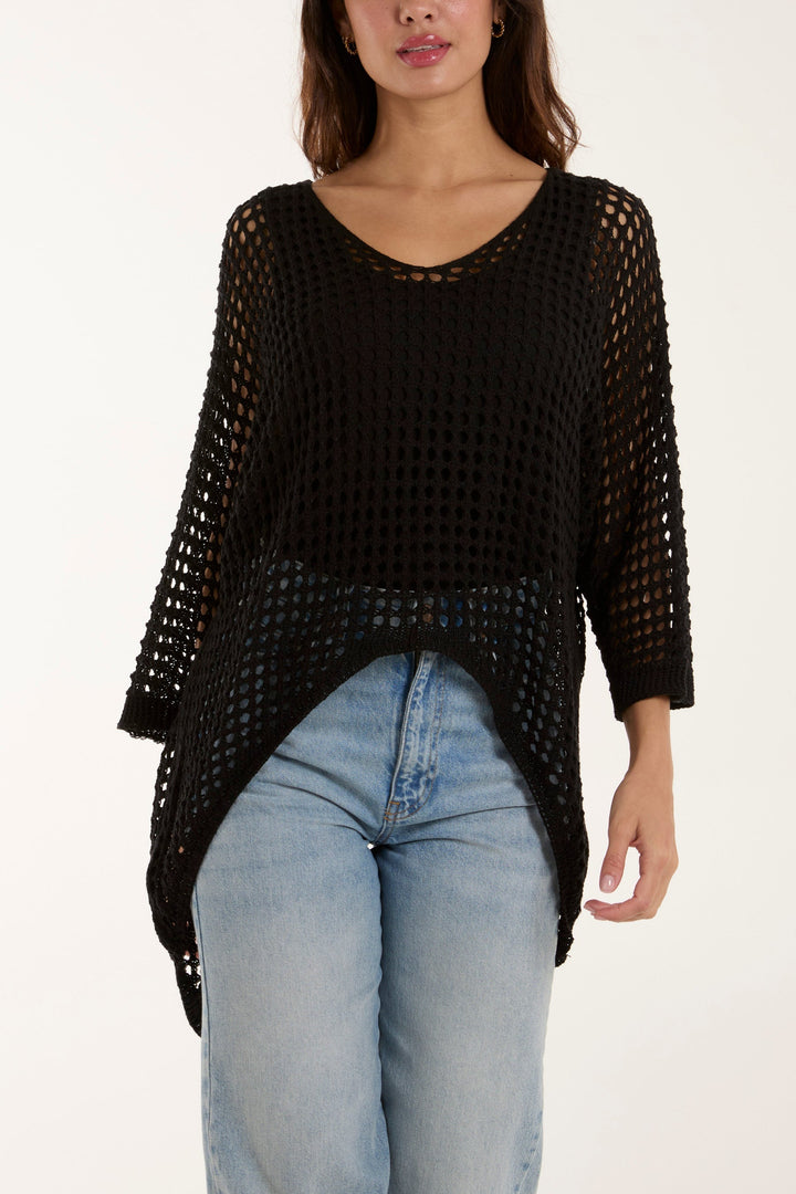 Crochet Dipped Hem 3/4 Sleeve Top