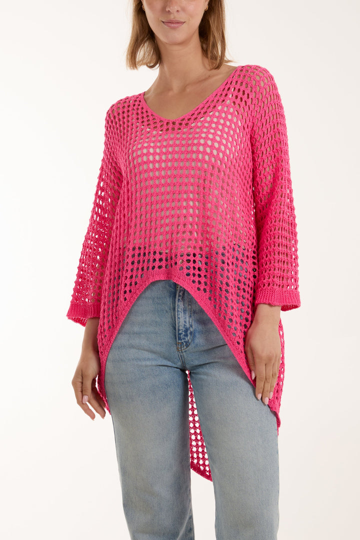 Crochet Dipped Hem 3/4 Sleeve Top