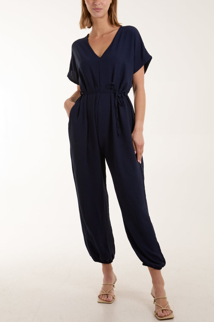 V-Neck Tied Waist Long Jumpsuit