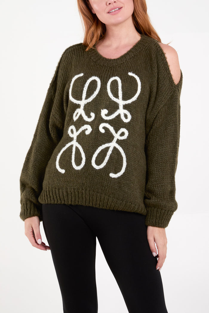 Embroidery Left Shoulder Open Jumper