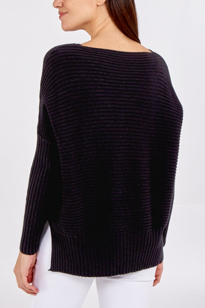 Ribbed Batwing Side Slit V-Neck Jumper