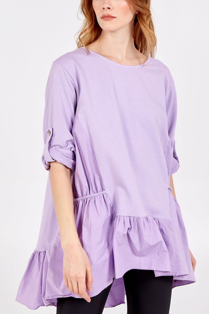 Frill Hem Elasticated Turn Back Sleeve Top