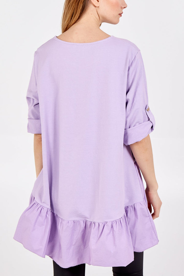 Frill Hem Elasticated Turn Back Sleeve Top