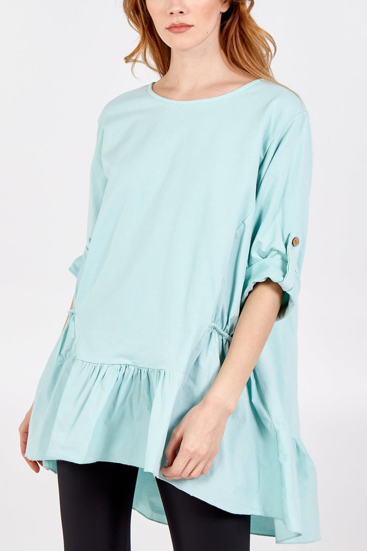 Frill Hem Elasticated Turn Back Sleeve Top