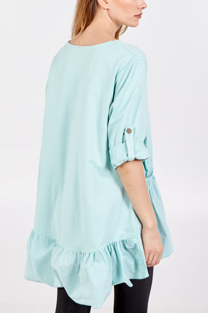 Frill Hem Elasticated Turn Back Sleeve Top