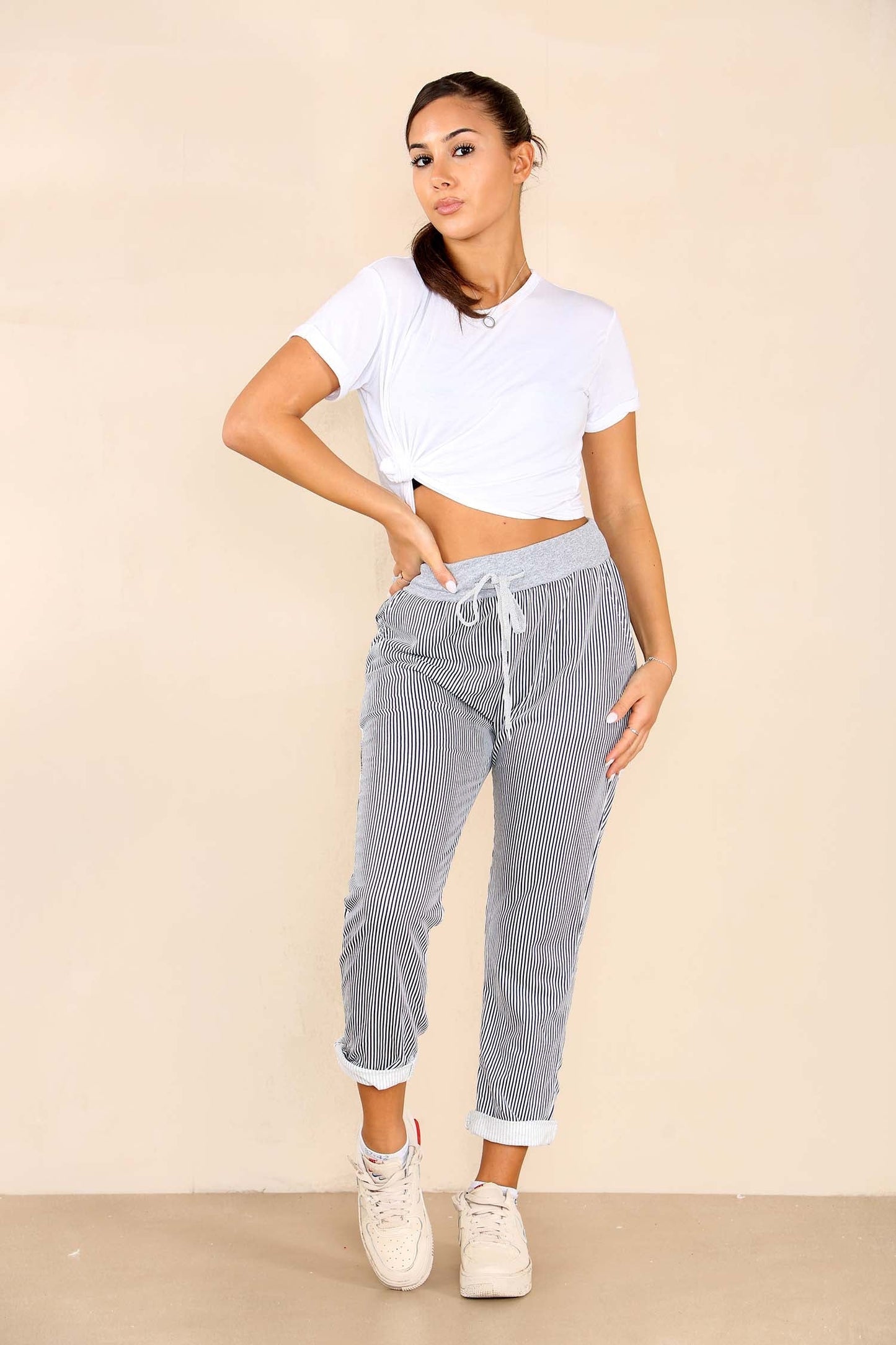 Italian Thin Stripes Print Drawstring Cotton Joggers