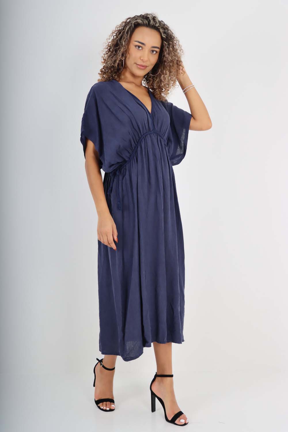 Italian Drawestring Front Flared Linen Dress