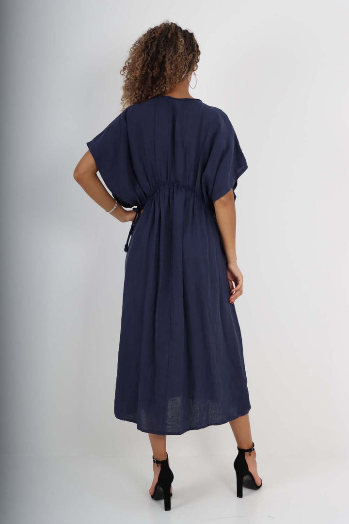 Italian Drawestring Front Flared Linen Dress