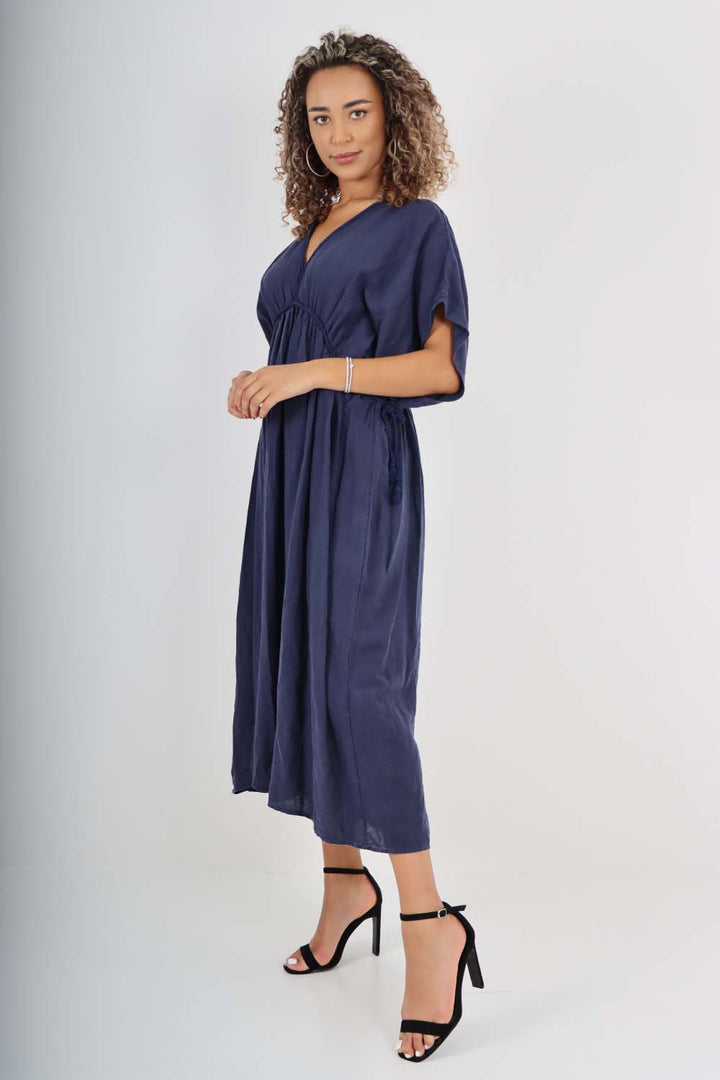 Italian Drawestring Front Flared Linen Dress