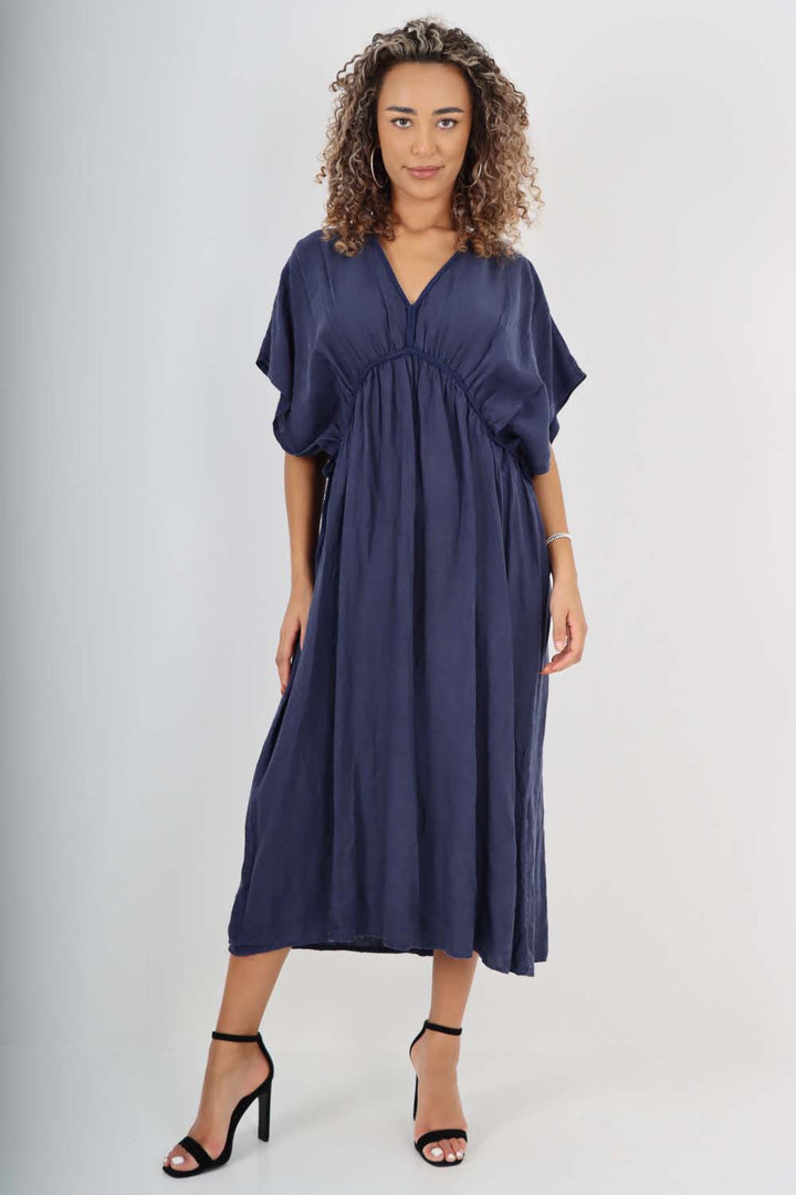 Italian Drawestring Front Flared Linen Dress