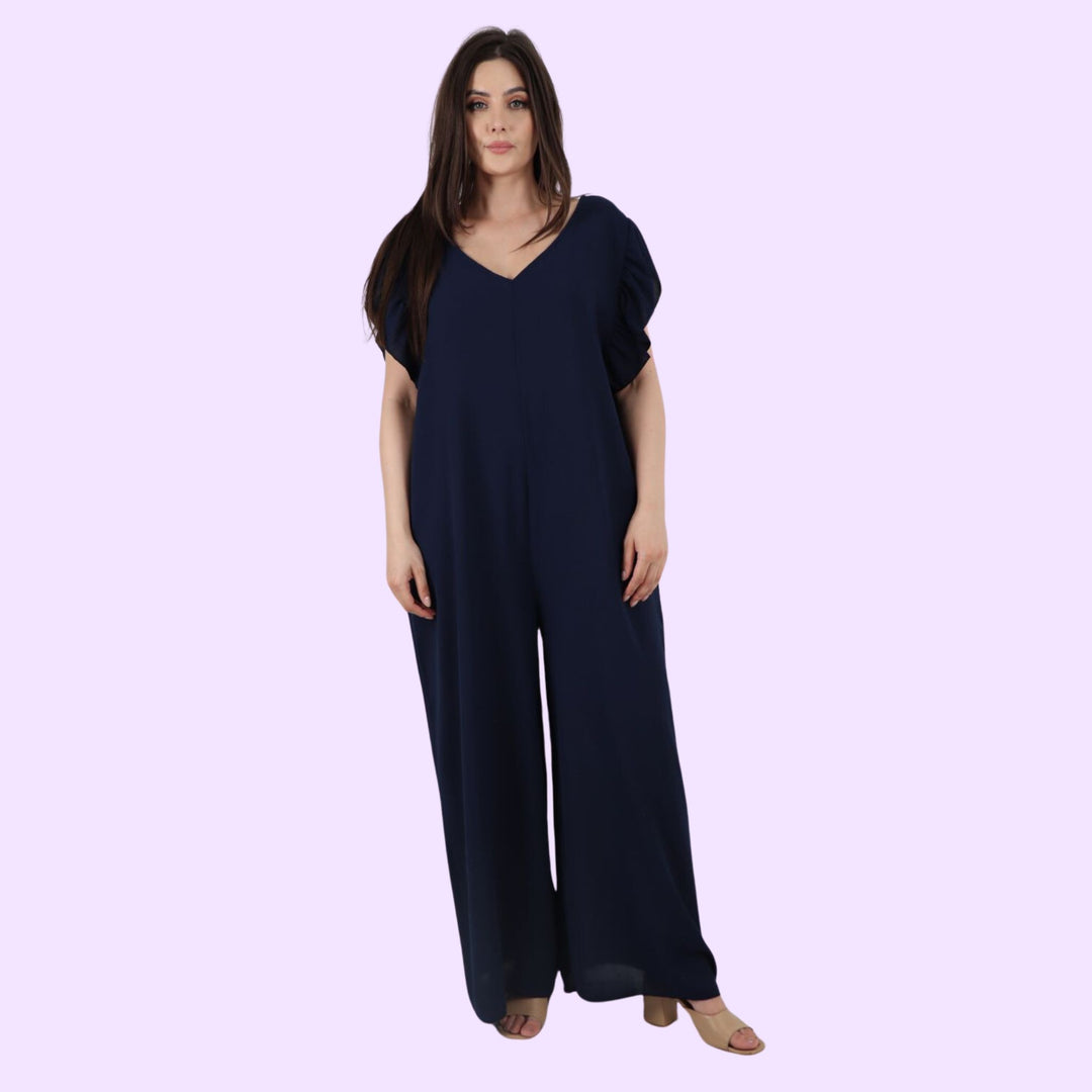 Italian Ruffled Sleeve Back Tie Open Wide Leg Jumpsuit