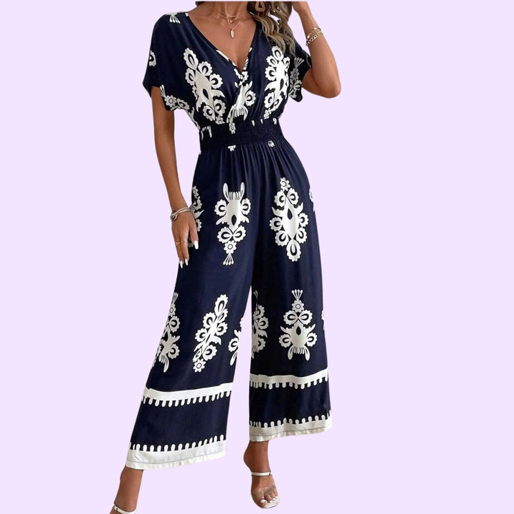 PRINTED SHORT SLEEVE V-NECK WIDE LEG JUMPSUIT