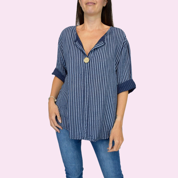 Wooden Button Stripe Italian Cotton Top