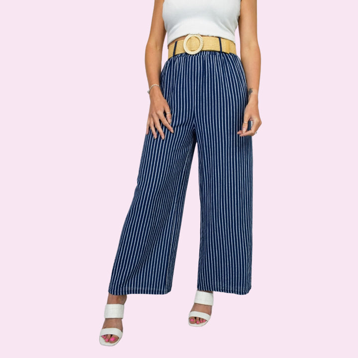 Stripe Print Linen Belt Trouser