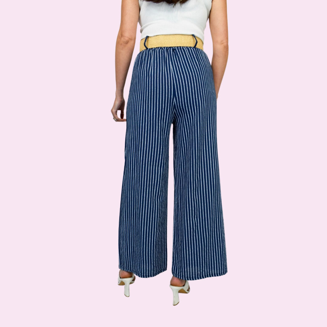 Stripe Print Linen Belt Trouser