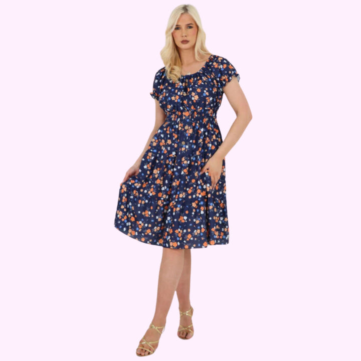 Italian Button Detailed Ditsy Print Bardot Midi Dress