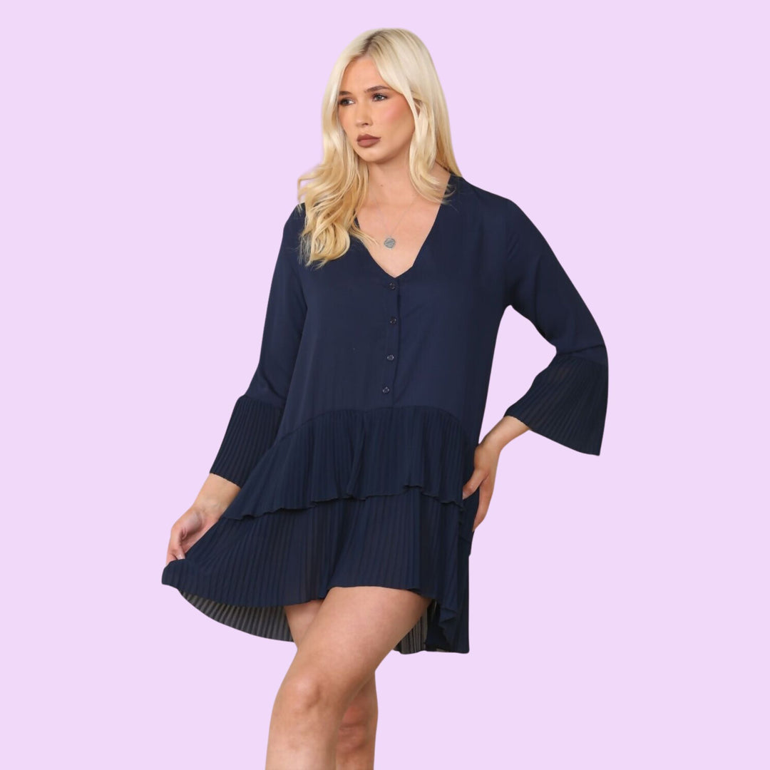 PLEATED SMOCK HEM DRESS