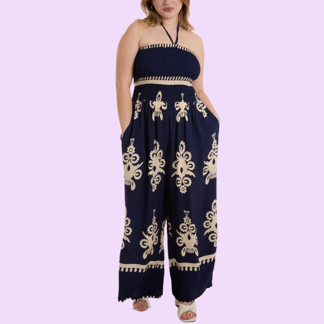 SHIRRED BODICE BANDEAU PRINTED JUMPSUIT