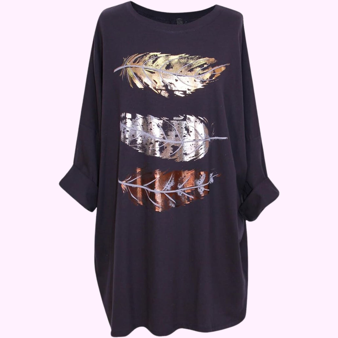 Italian Round Neck Long Sleeves Tunic Foil Print Top