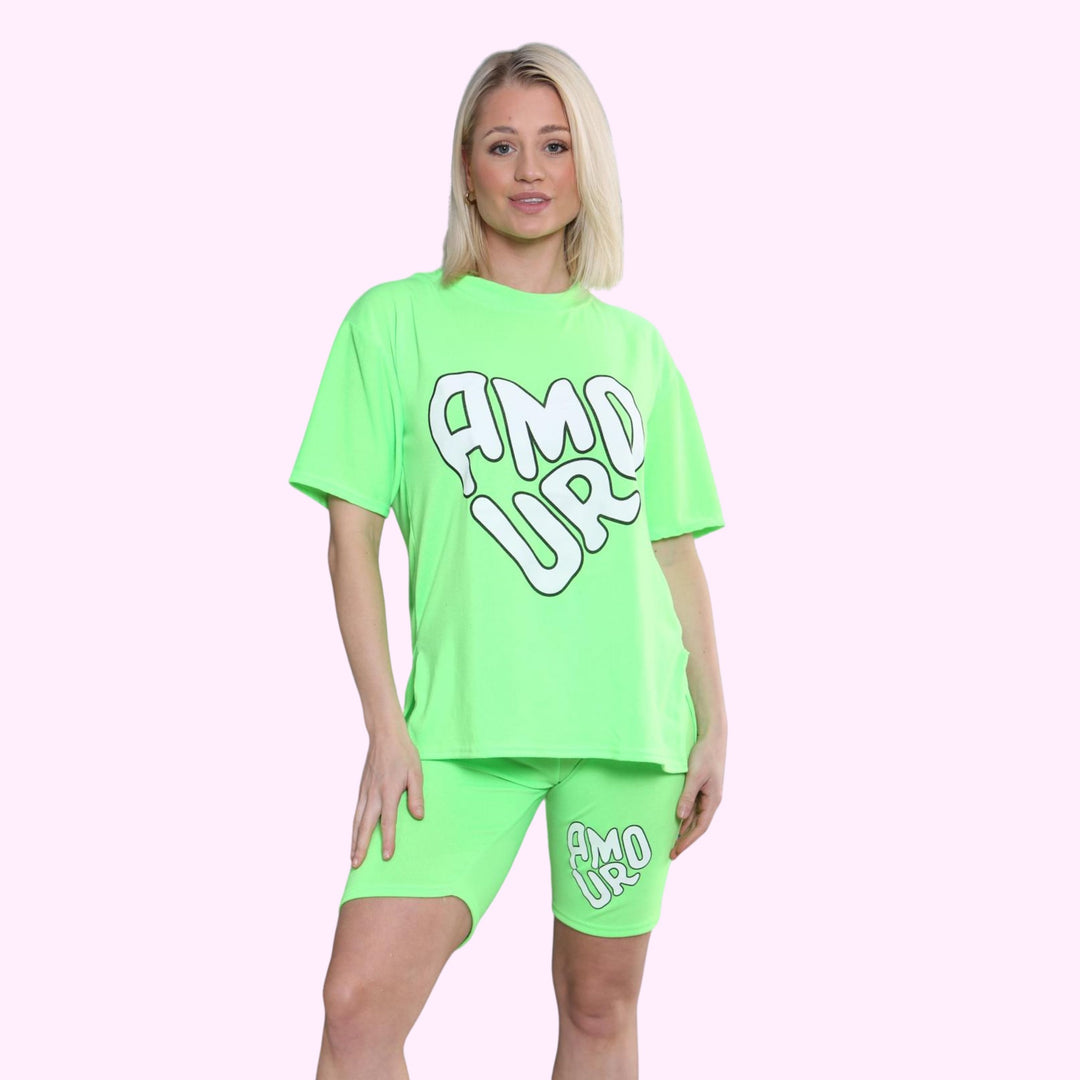 AMOUR Print Cycling Short Co Ord T Shirt Set