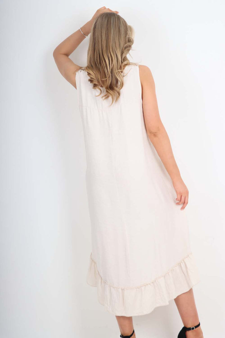 Italian Lace Neckline Dipped Hem Dress