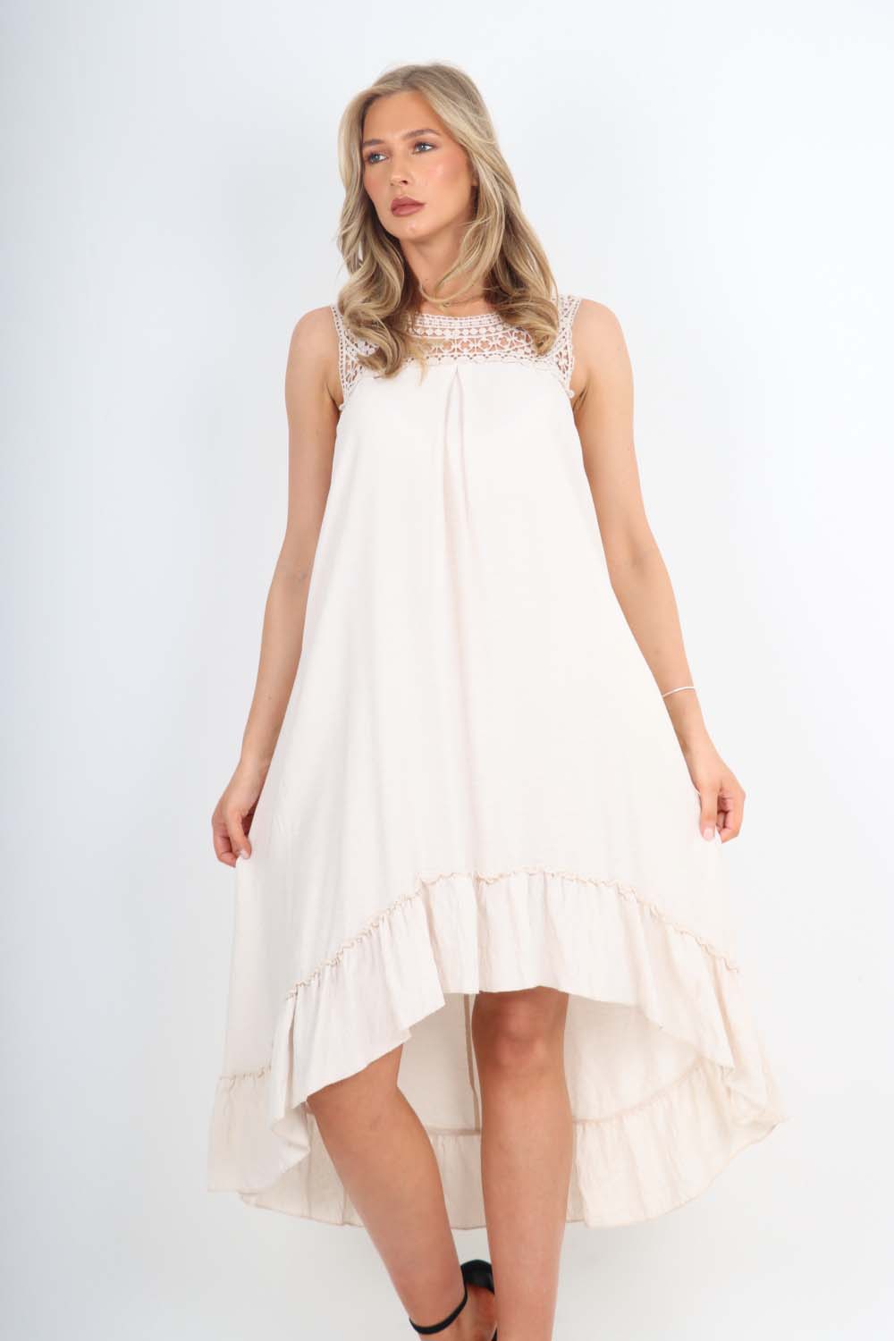 Italian Lace Neckline Dipped Hem Dress