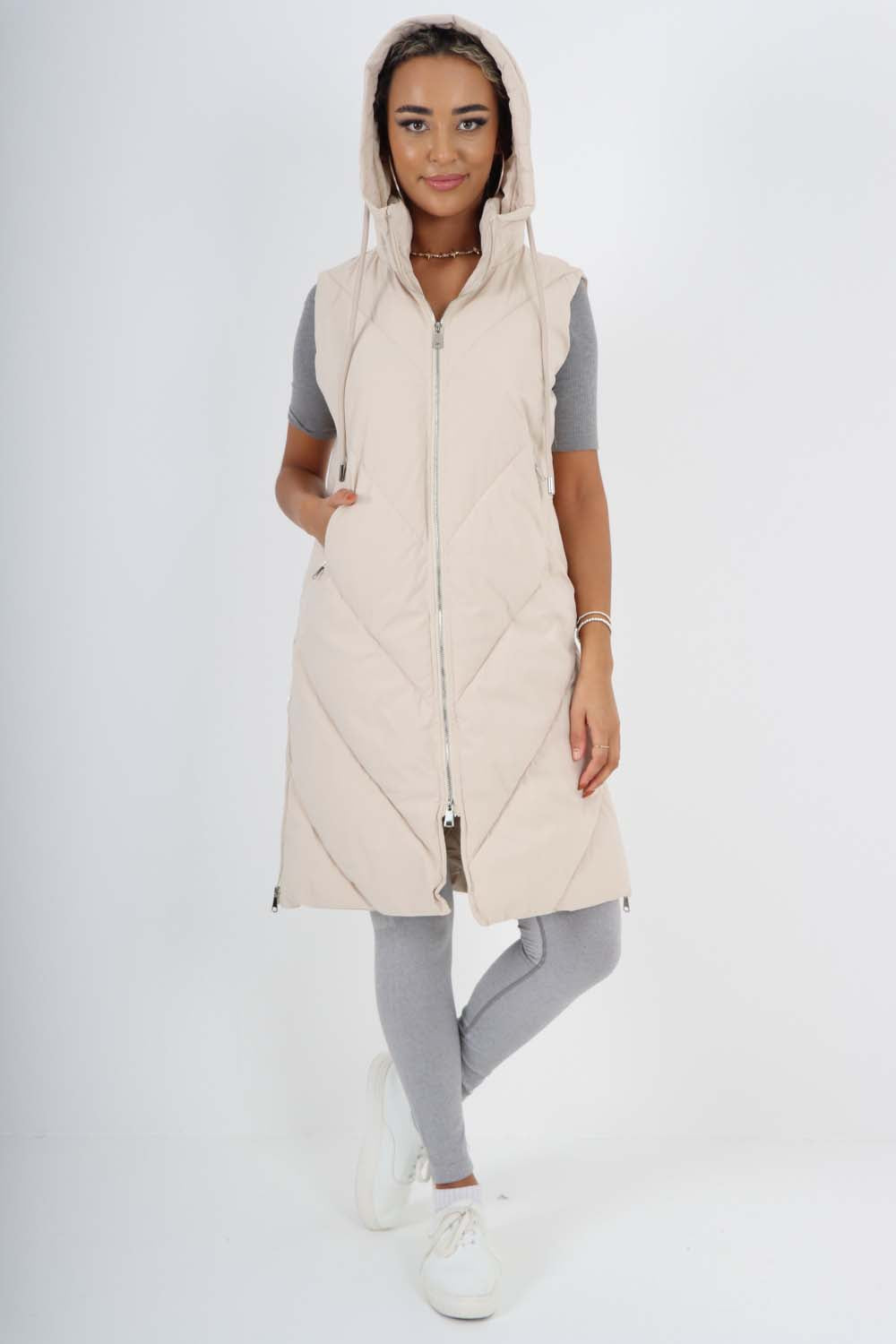 Italian Padded Pockets Hooded Zip up Long Gilet