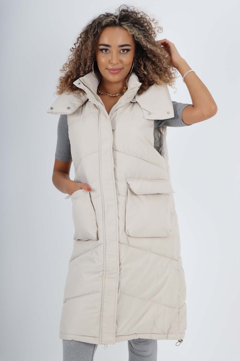 Italian Padded Pockets Hooded Long Gilet