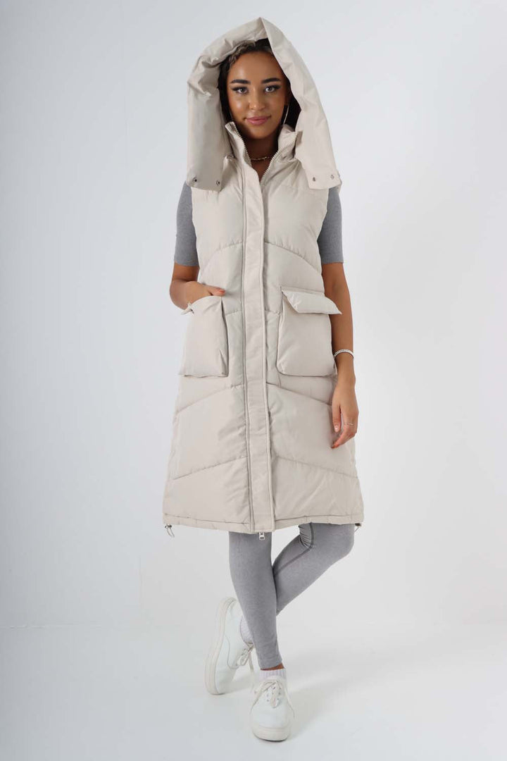 Italian Padded Pockets Hooded Long Gilet