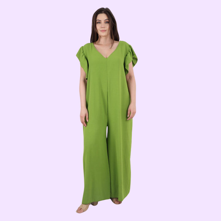 Italian Ruffled Sleeve Back Tie Open Wide Leg Jumpsuit