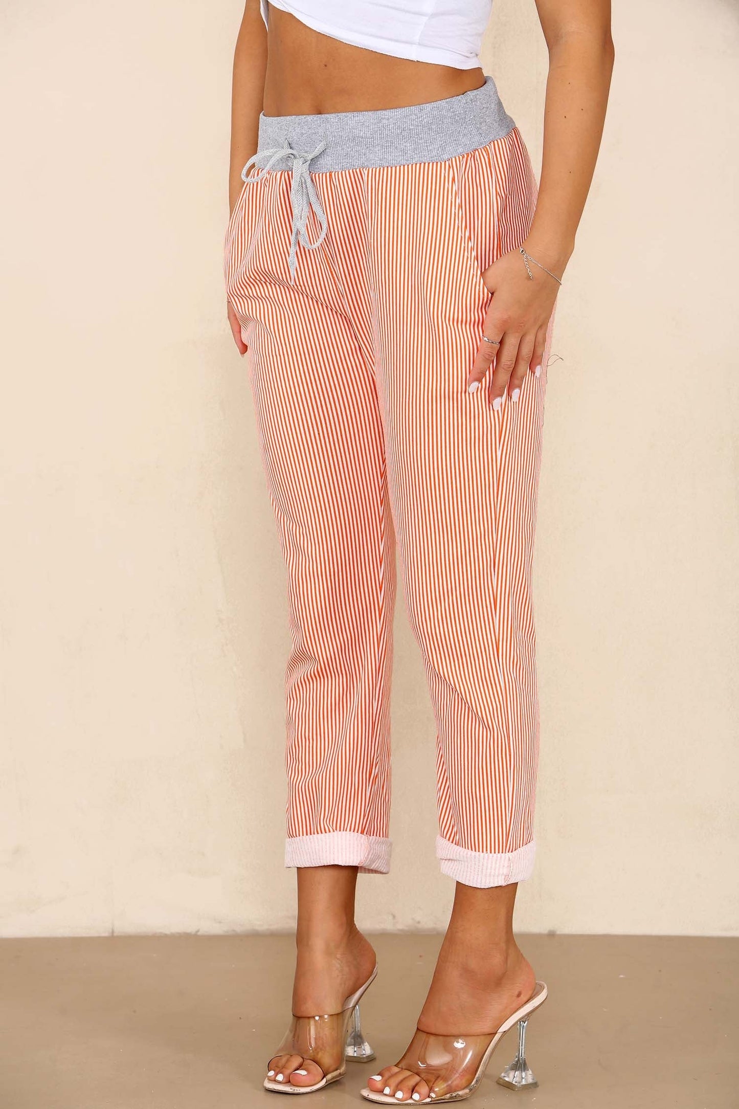 Italian Thin Stripes Print Drawstring Cotton Joggers