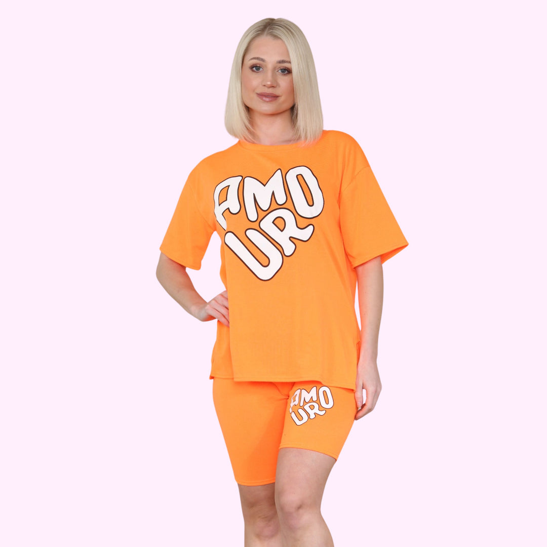 AMOUR Print Cycling Short Co Ord T Shirt Set