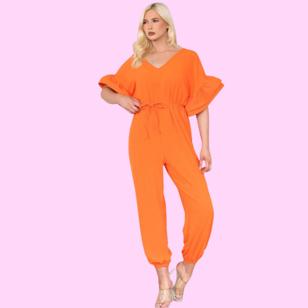 Ruffle Sleeves Frill Tie Jumpsuit